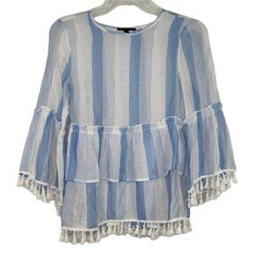 Signature Studio Top Women Size S Blue White Sheer Bell Sleeve Tassels FLAW